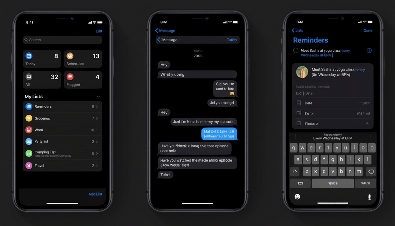 A professional depiction of three iPhones displaying different iOS apps in dark mode. From left to right: the Reminders list view, a Messages conversation, and the Reminders detail view.