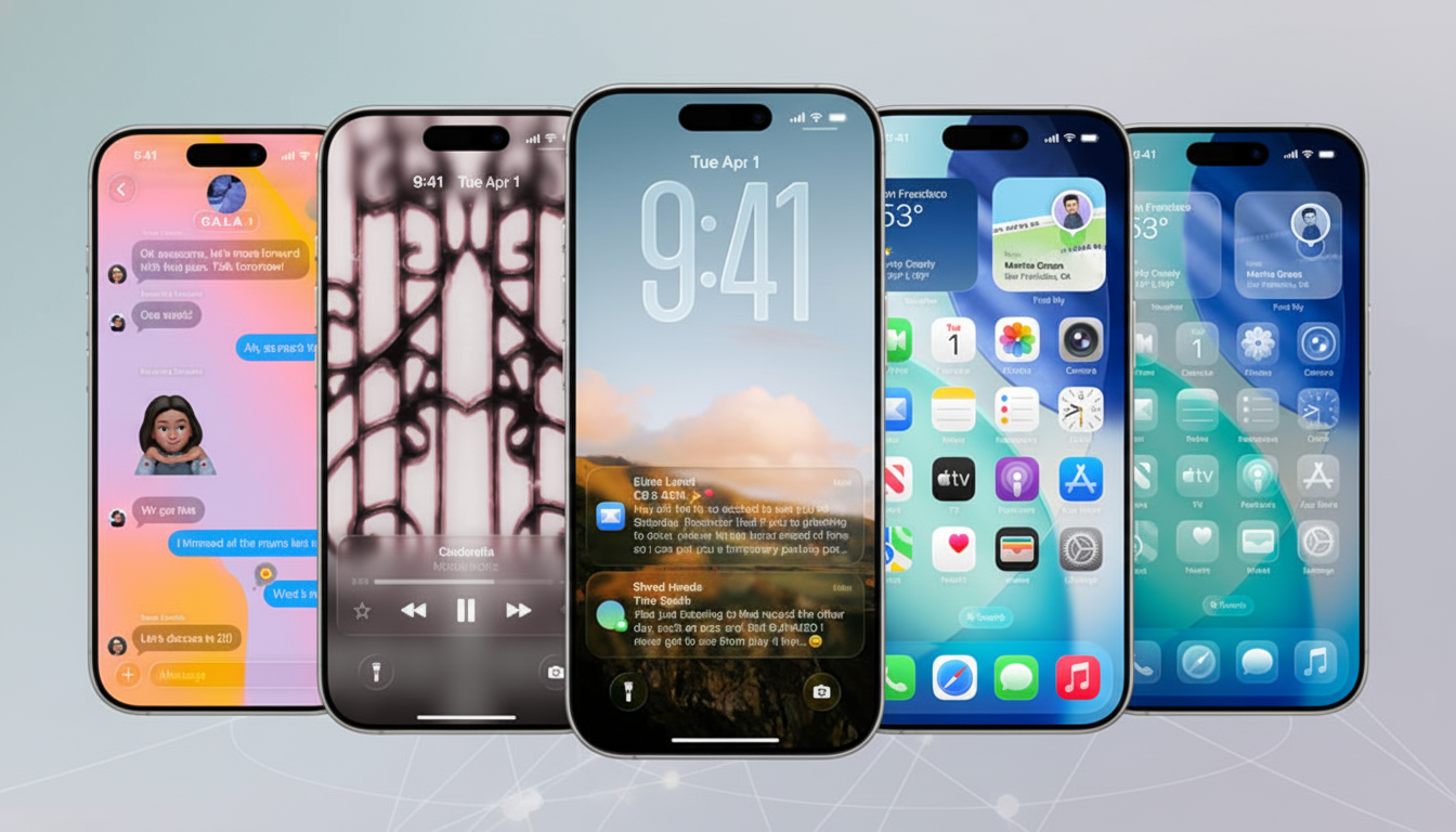 Five iPhones displayed side-by-side, showcasing different screen interfaces. The background is a soft, professional gradient.