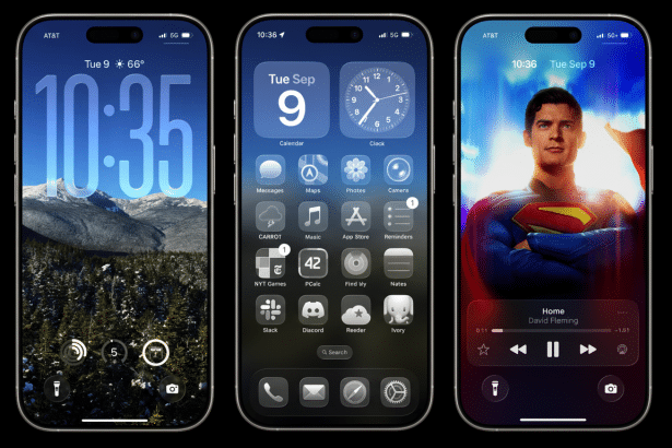 Three iPhones displayed side by side. The left phone shows a lock screen with a mountain landscape and time 10: 3 5. The middle phone shows a home scr