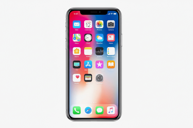 An iPhone X displaying its home screen with various app icons, set against a simple, light gray background.