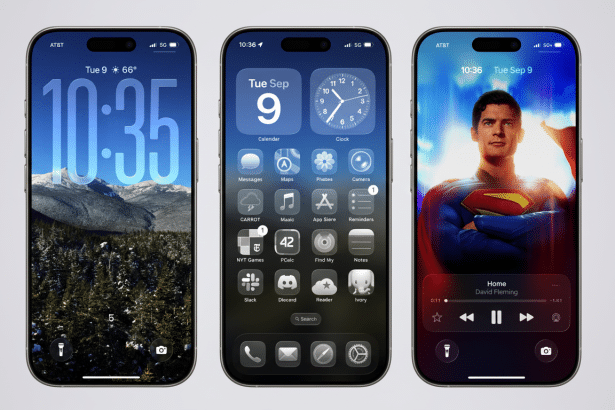 A professional enhancement of three iPhone screens, maintaining the original backgrounds. The left screen shows a snowy mountain landscape, the middle