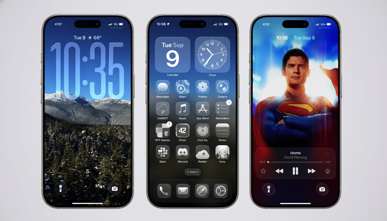 A professional enhancement of three iPhone screens, maintaining the original backgrounds. The left screen shows a snowy mountain landscape, the middle