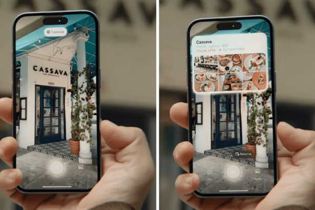 Two hands holding a smartphone displaying an augmented reality view of a restaurant entrance on the left, and a pop-up menu with food images on the right, maintaining the original background .