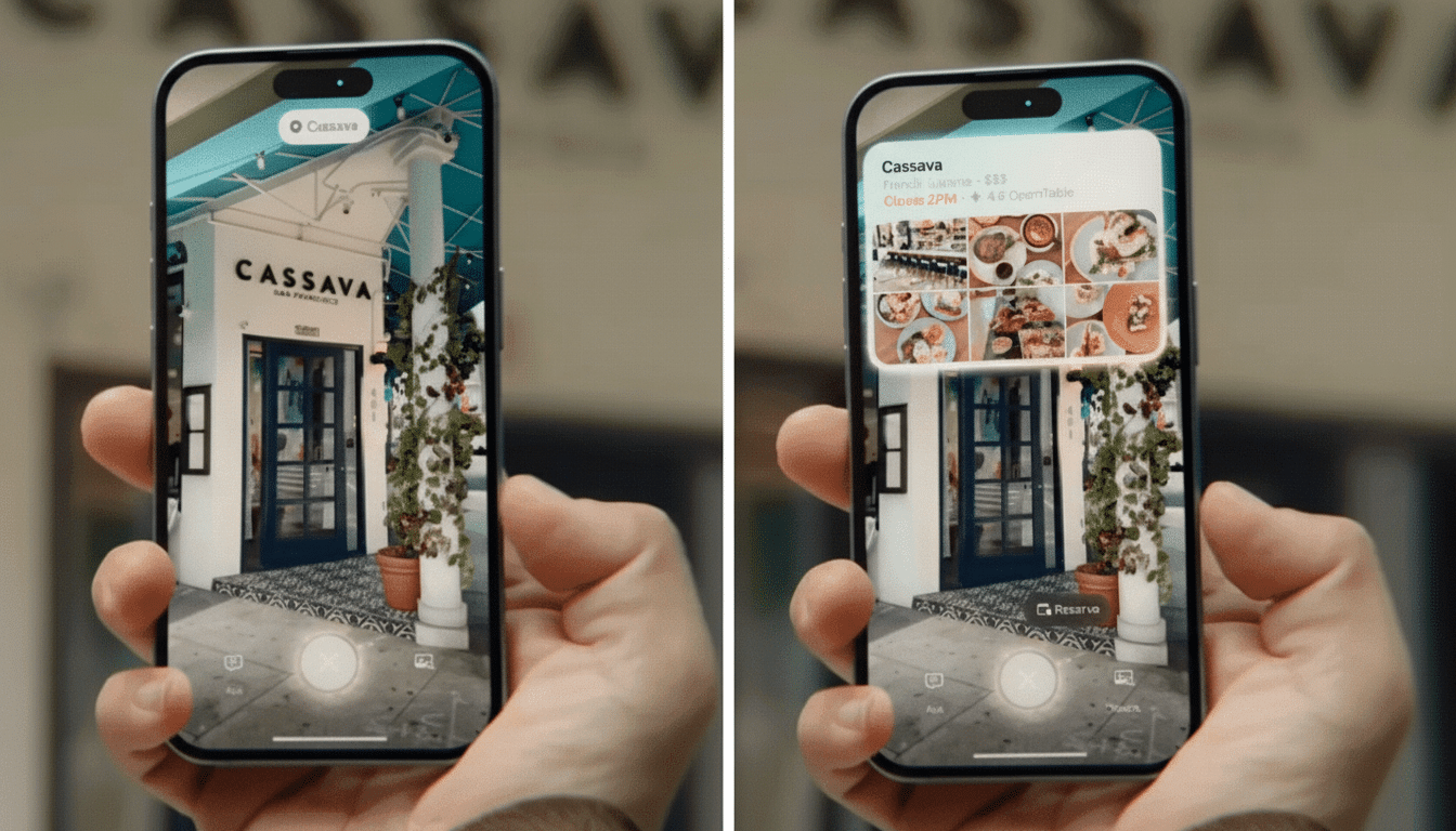 Two hands holding a smartphone displaying an augmented reality view of a restaurant entrance on the left, and a pop-up menu with food images on the right, maintaining the original background .