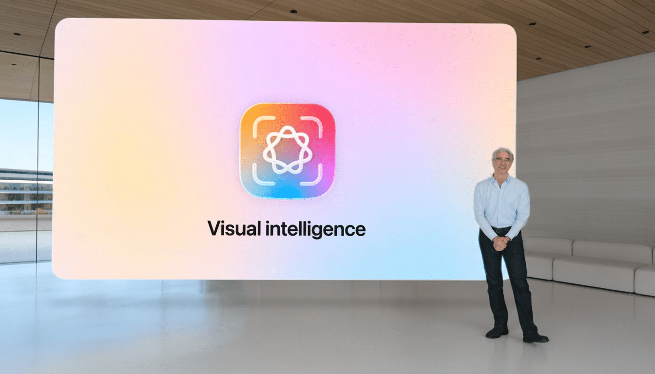 A man standing in front of a large screen displaying the words Visual intelligence and an app icon with a colorful gradient background .