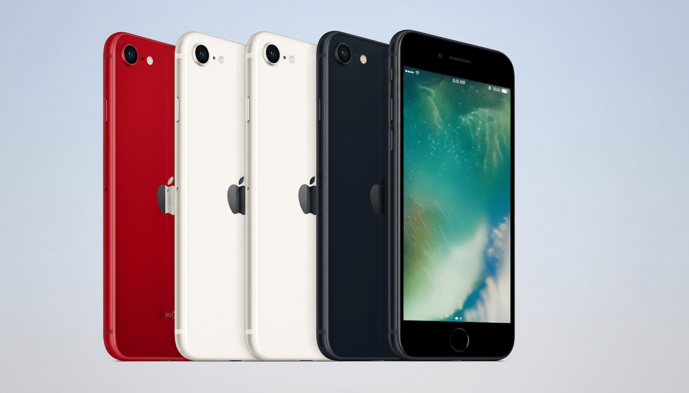 Four iPhone SE models in red, white, blue, and black are displayed at an angle against a soft gradient background.