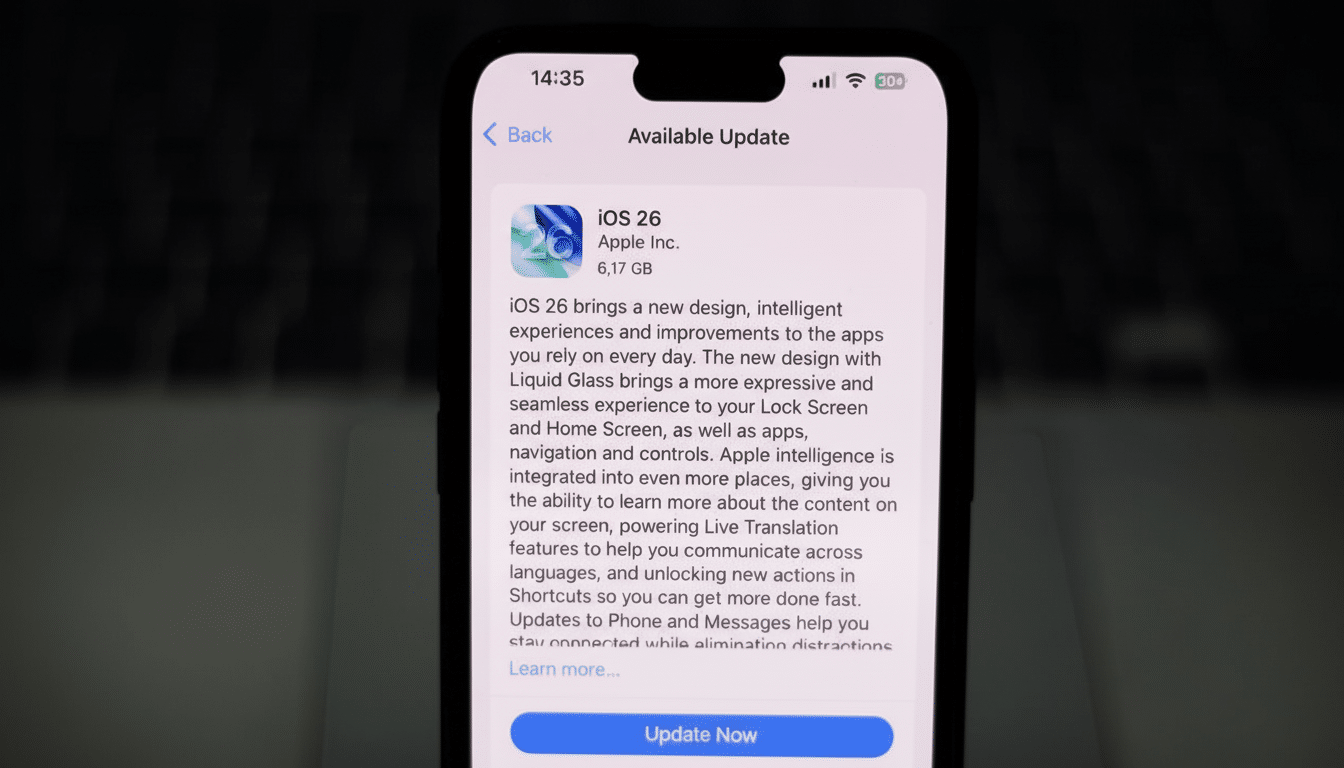 A close-up of an iPhone screen displaying an Available Update notification for iOS 26, showing the version number and a description of new features li