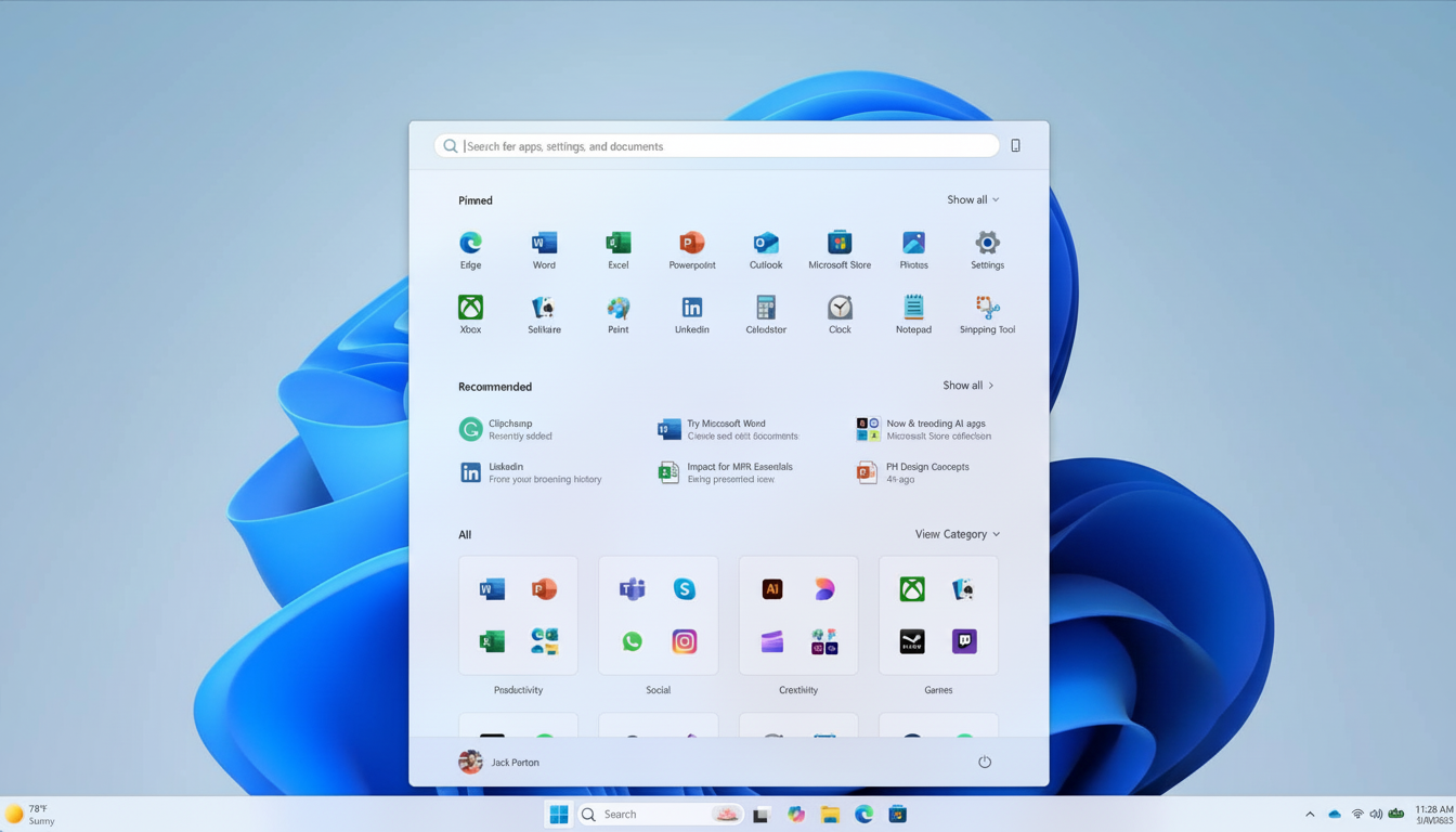 Windows 11 Start menu redesign with pinned apps grid, Recommended section, search bar