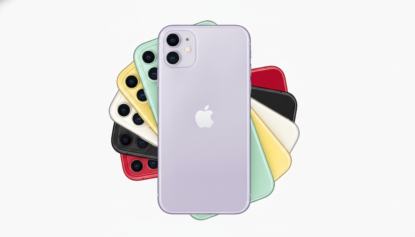 A lavender iPhone 11 is centered, with a fan of other iPhone 11 models in various colors (mint green, yellow, white, black, and red) fanned out behind it on a white background.