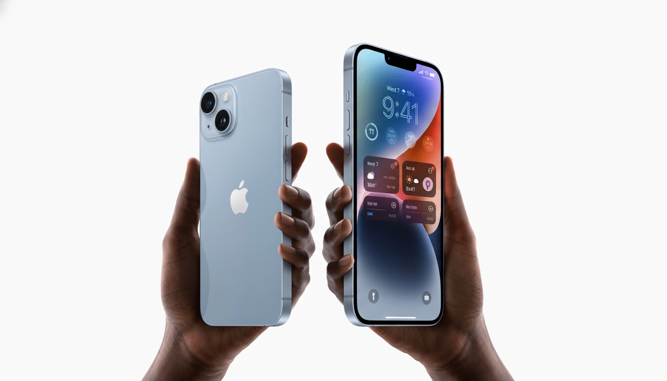 A 16:9 aspect ratio image of two hands holding light blue iPhones. One iPhone is facing backwards , displaying the Apple logo, while the other is facing forwards, showing the screen with the time and various app icons. Filename : ip h ones16 9aspect ratio.png