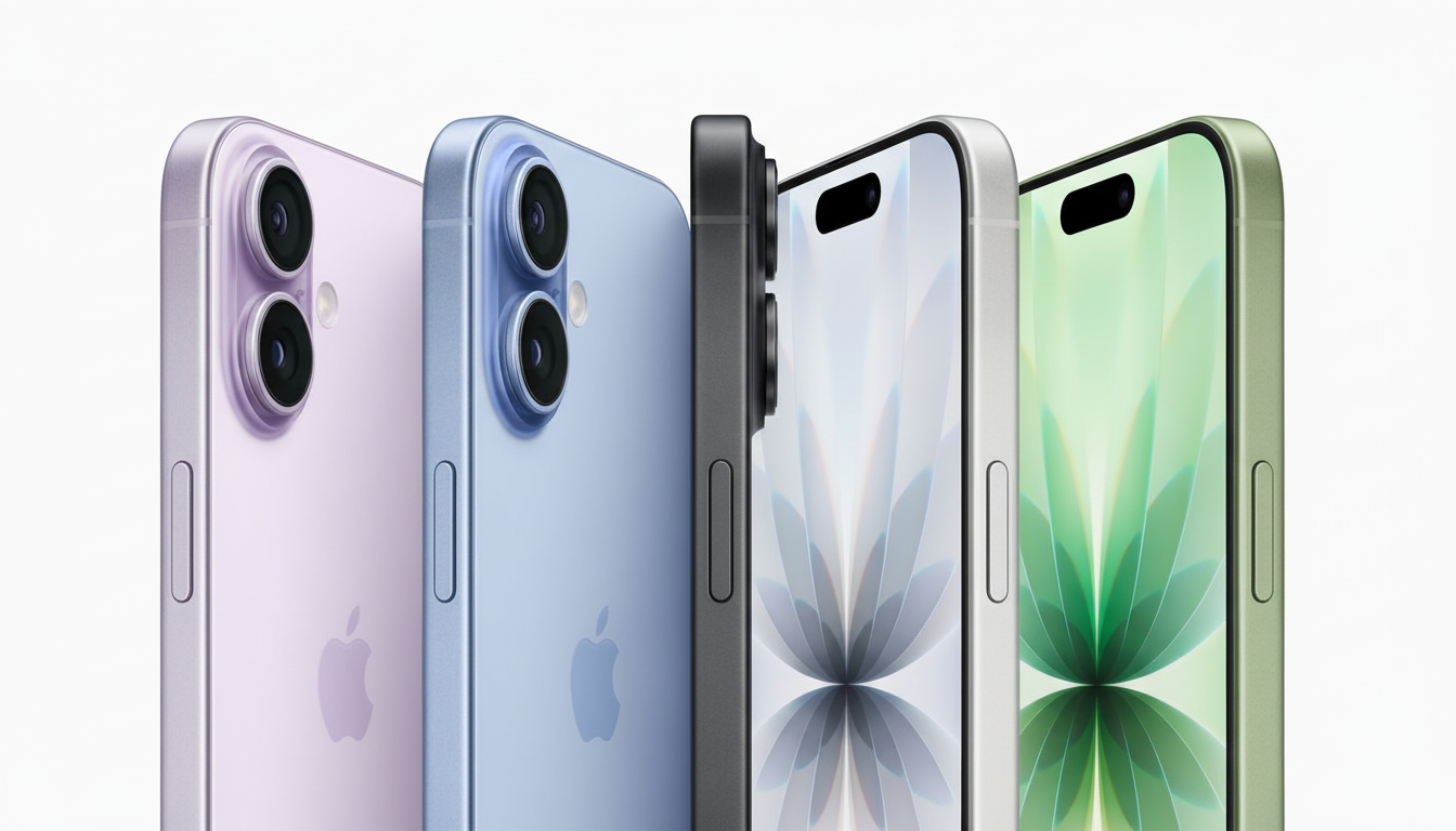 Four iPhones in various colors ( purple, blue, gray, and green ) are displayed closely together on a white background, showcasing their side profiles