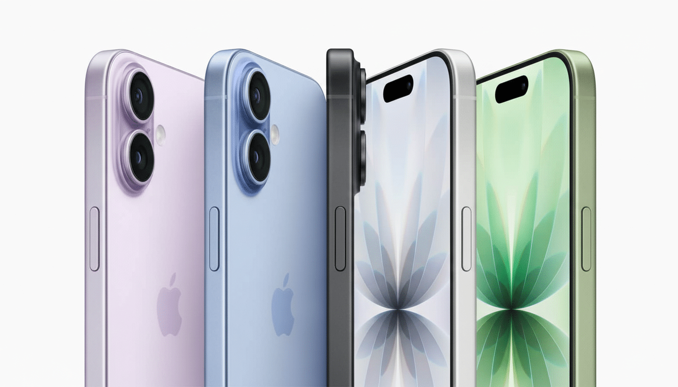 A professional shot of four iPhones in different colors (purple, blue, dark grey, and green ) arranged closely together against a clean white backgrou