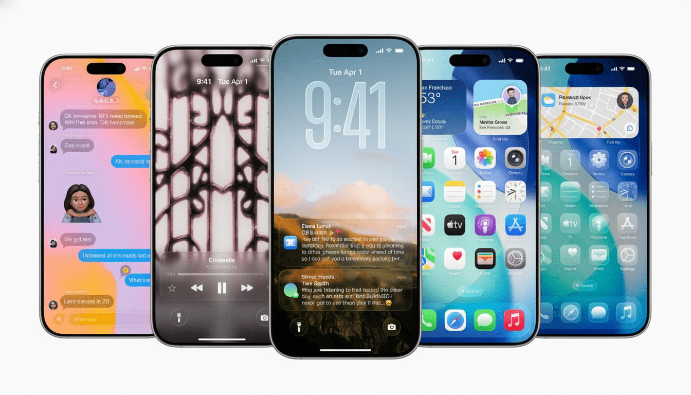 Five iPhones displayed in a row, showcasing different interfaces and applications. The phones are in various colors and feature chat screens, music pl