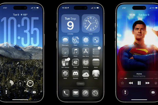 Three iPhones displayed side by side. The left phone shows a lock screen with a mountain landscape and the time 10: 35. The middle phone displays the