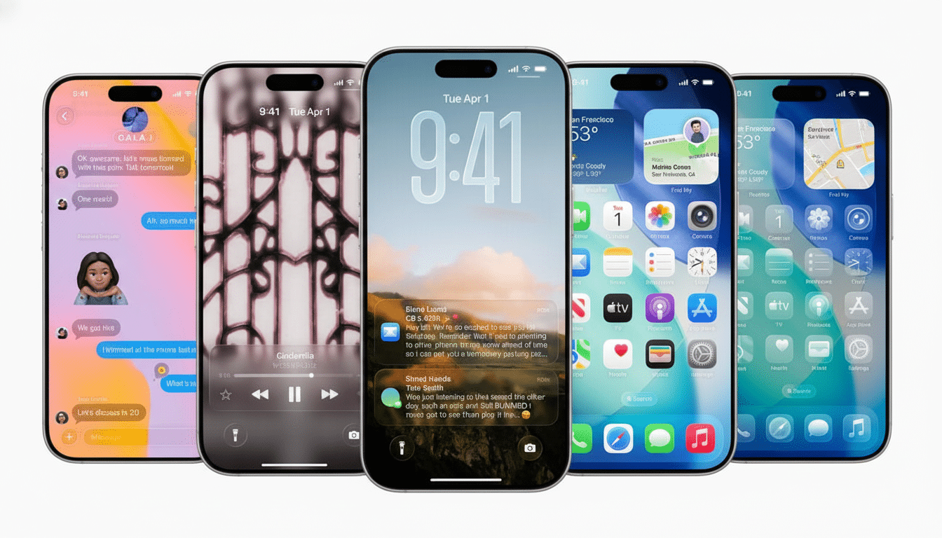 Five iPhones displayed in a row, showcasing different interfaces and apps on their screens, all against a clean white background.