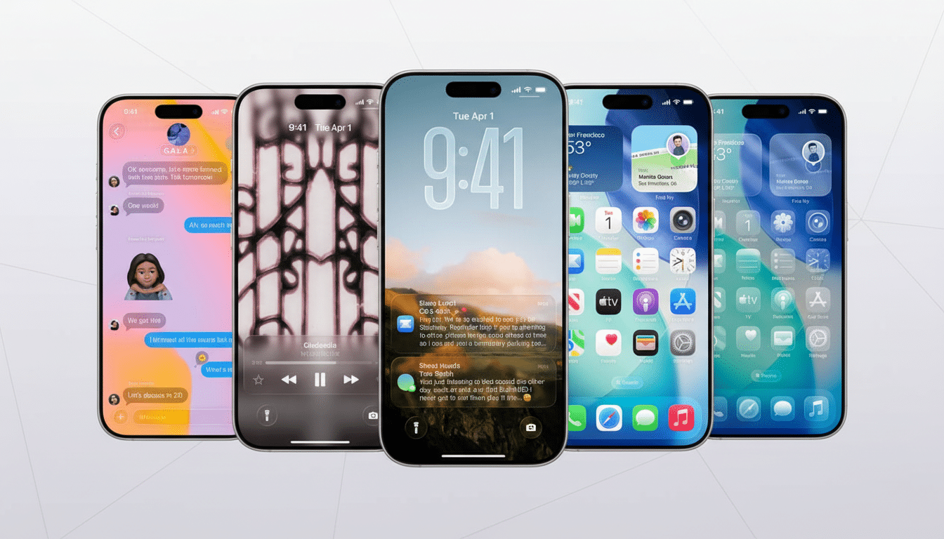 Five iPhones are displayed side-by -side, showcasing different screen interfaces. The phones are set against a clean, professional flat design backgro