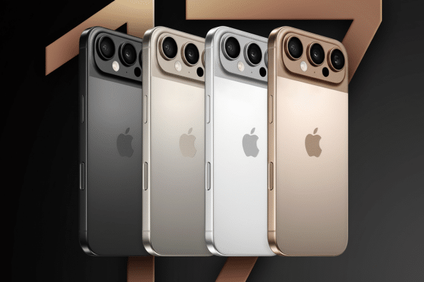 Four iPhones in black , gold, silver , and rose gold arranged diagonally .