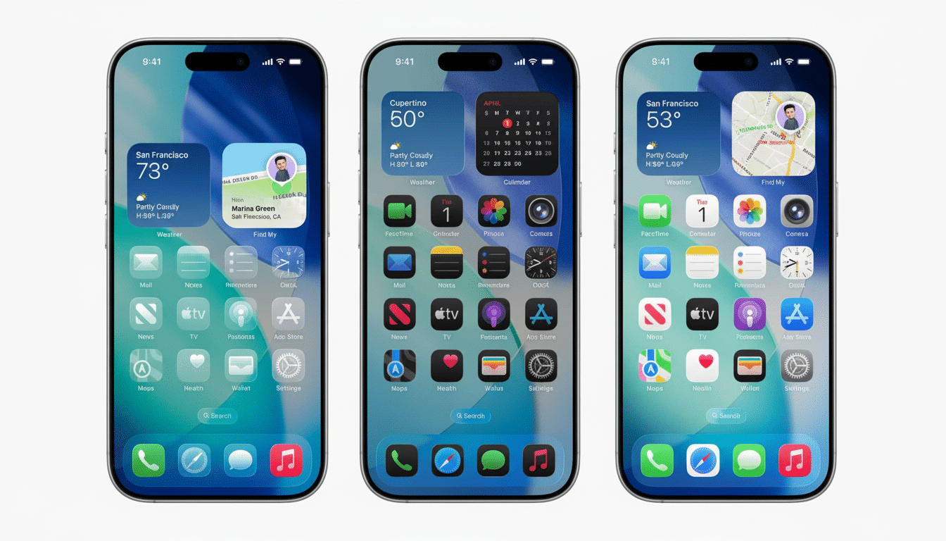 Three iPhones displaying various home screen widgets and app layouts.