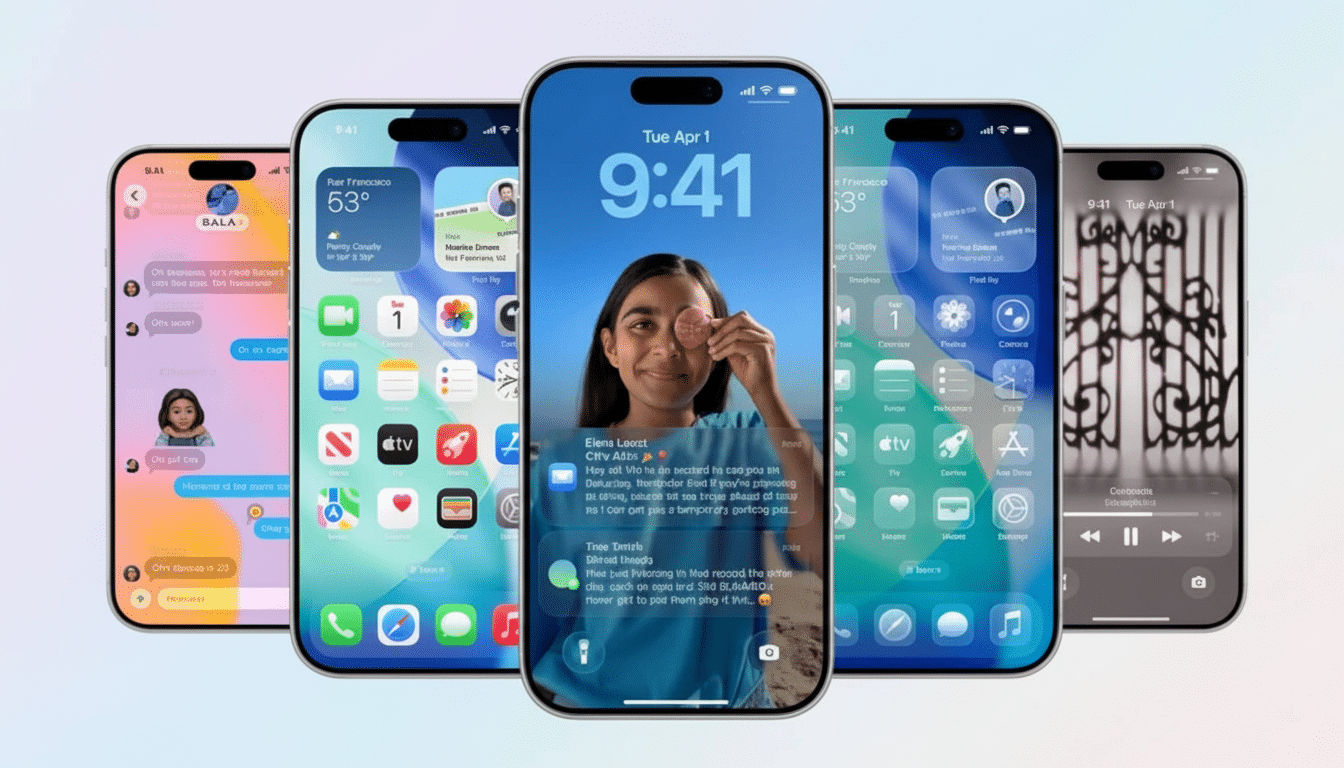 Five iPhones showcasing different interfaces, with a young woman in the center phone ' s display.