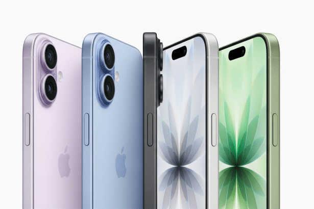 Four iPhones in various colors ( purple, blue, gray, and green ) are displayed closely together on a white background, showcasing their designs and ca