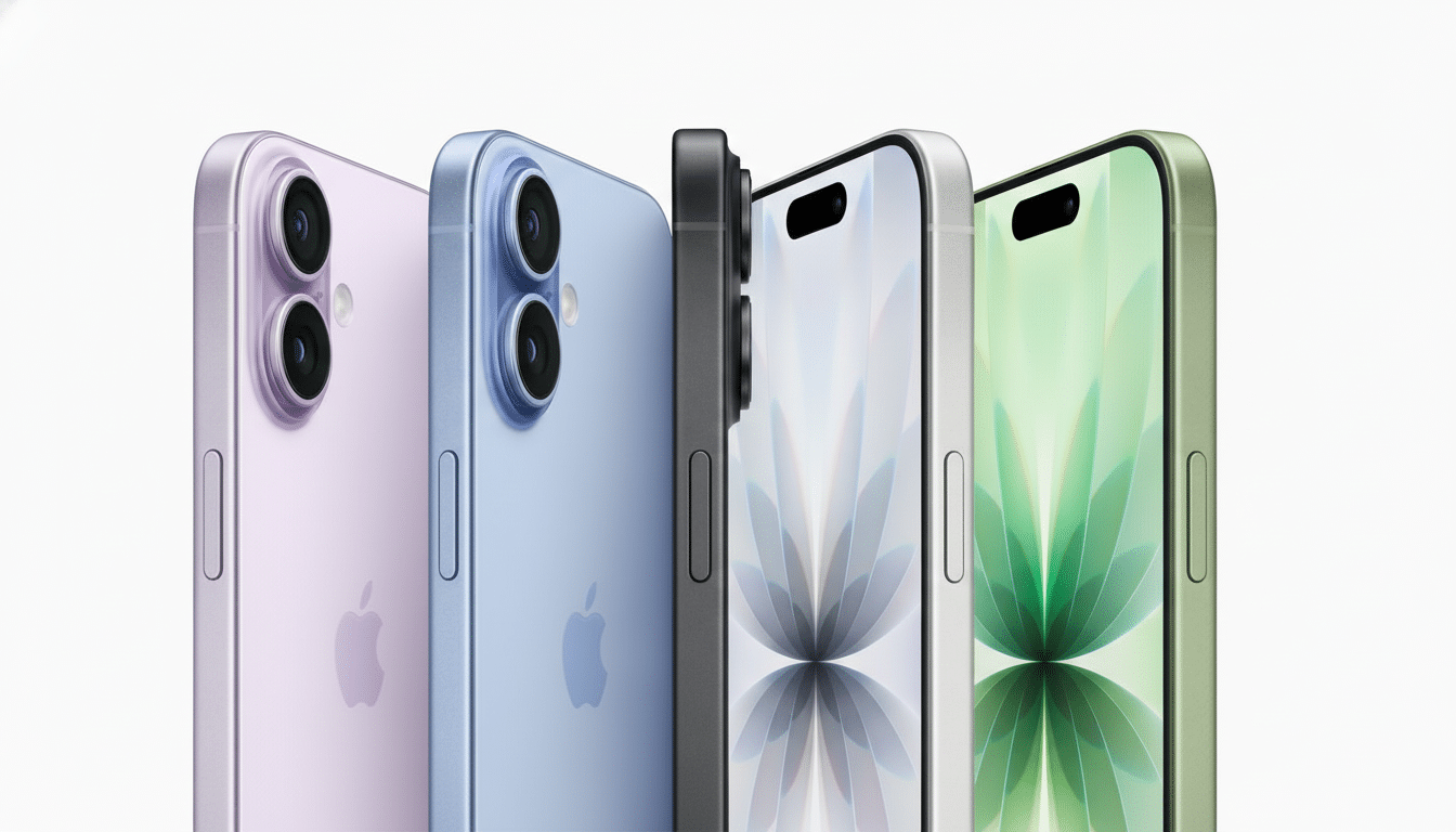 Four iPhones in various colors ( purple, blue, gray, and green ) are displayed closely together on a white background, showcasing their designs and ca