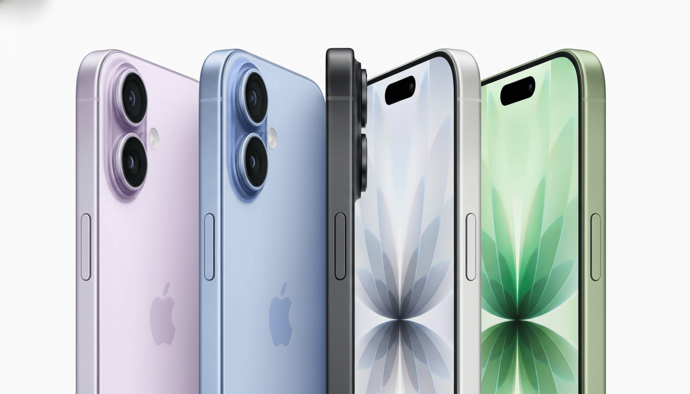 Four iPhones in different colors ( lav ender, blue, gray, and green ) are displayed side-by- side against a white background, showcasing their designs