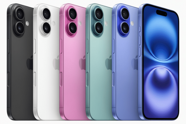 Six iPhones in various colors ( black, white, pink, green, light blue, and dark blue) are displayed vertically in a row, with the front of the dark bl