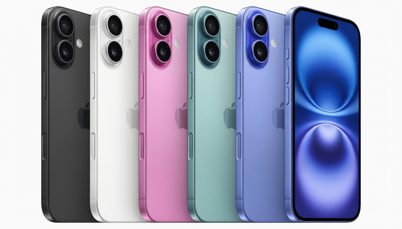 Six iPhones in various colors ( black, white, pink, green, light blue, and dark blue) are displayed vertically in a row, with the front of the dark bl