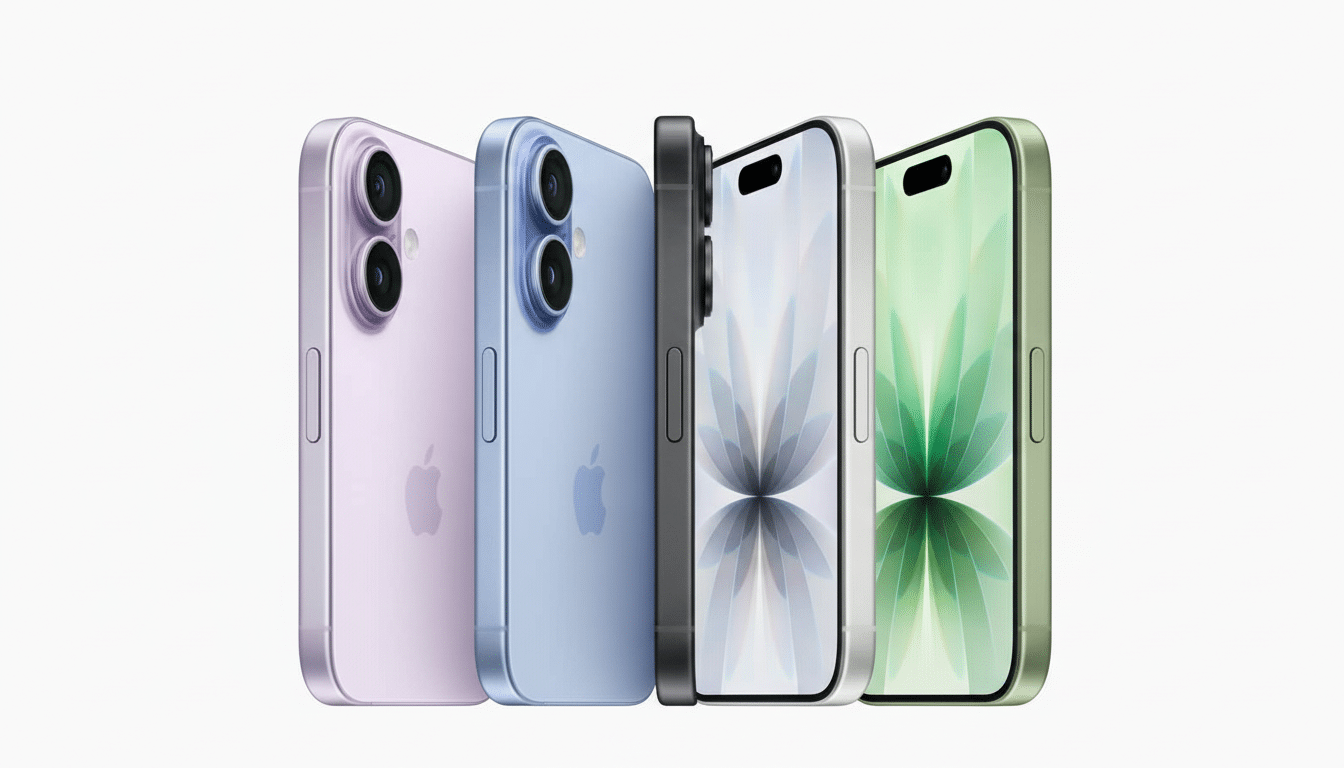 A professional shot of four iPhones in different colors ( purple, blue, black, and green ) arranged side- by-side on a clean white background.