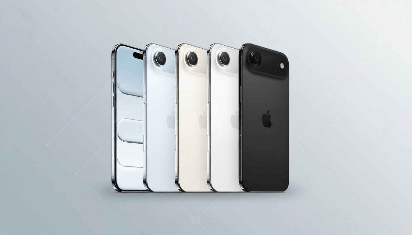 Five iPhones in various colors ( blue, silver, gold, white, and black) standing in a row, presented against a professional flat design background with