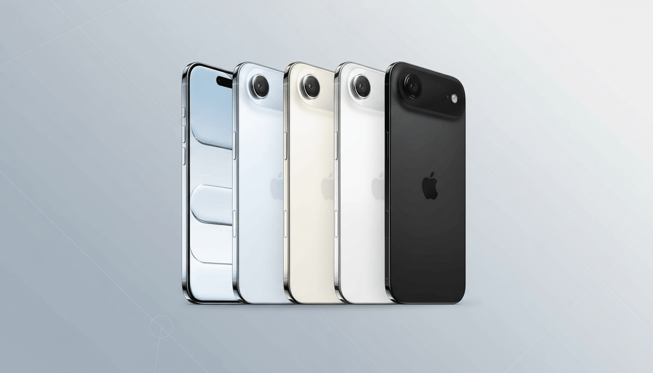 Five iPhones in various colors ( silver, light blue, cream, white, black ) are aligned diagonally on a professional flat gray background with subtle g