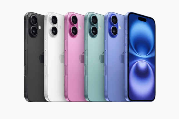 Six iPhones in various colors ( black, white, pink, green, light blue, dark blue) are lined up diagonally on a white background. The dark blue iPhone