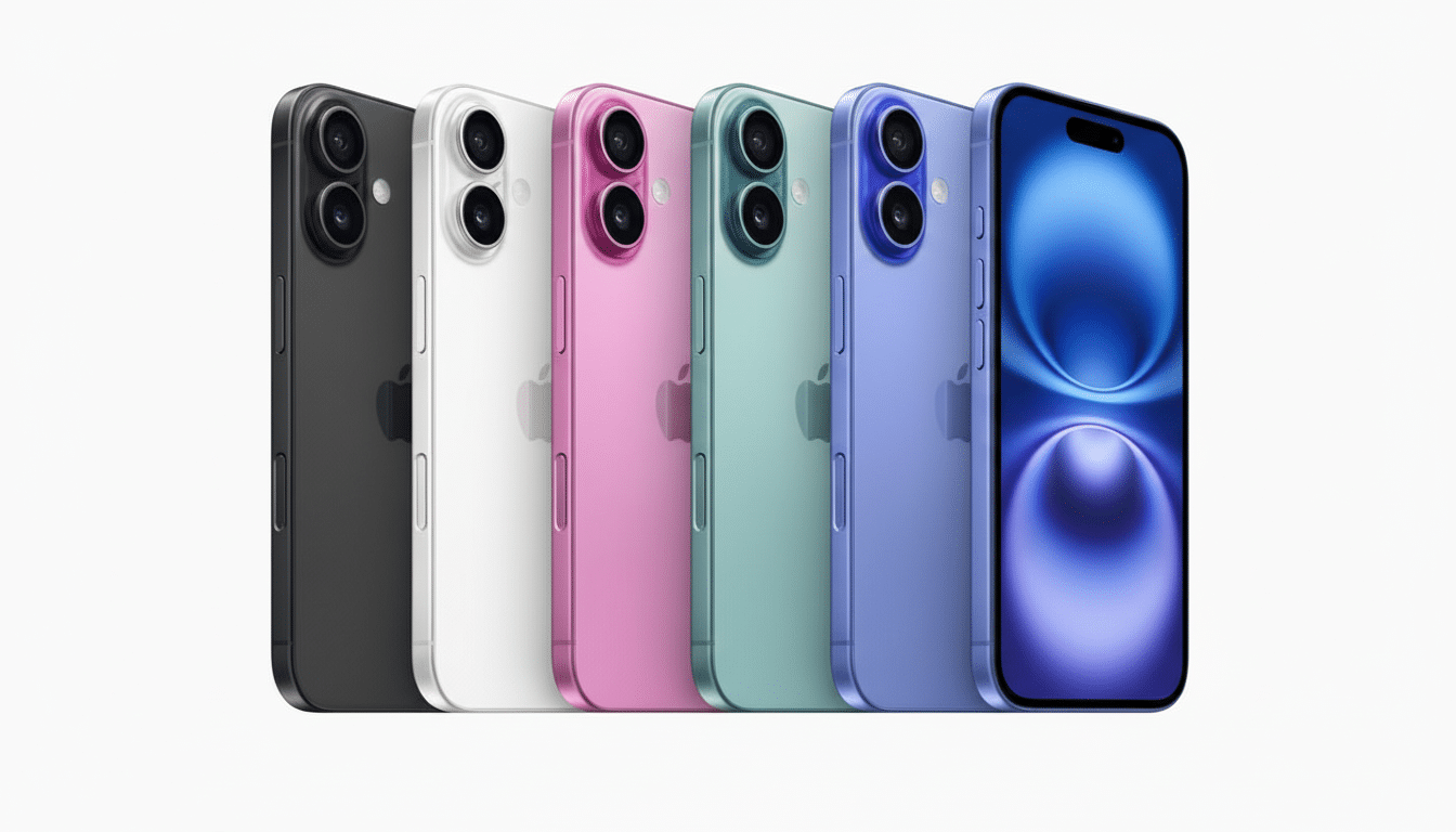 Six iPhones in various colors ( black, white, pink, green, light blue, dark blue) are lined up diagonally on a white background. The dark blue iPhone