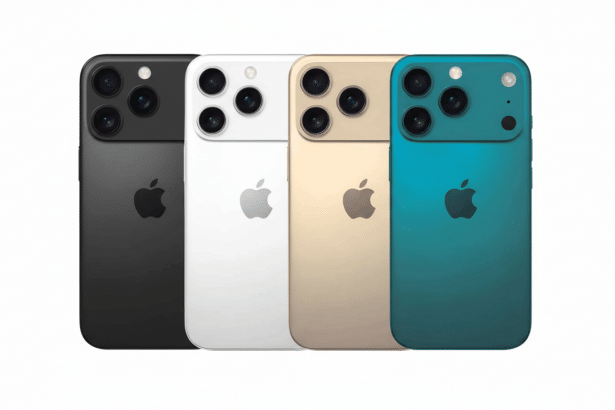 Four iPhones in black, white, gold, and teal, presented professionally on a clean white background.