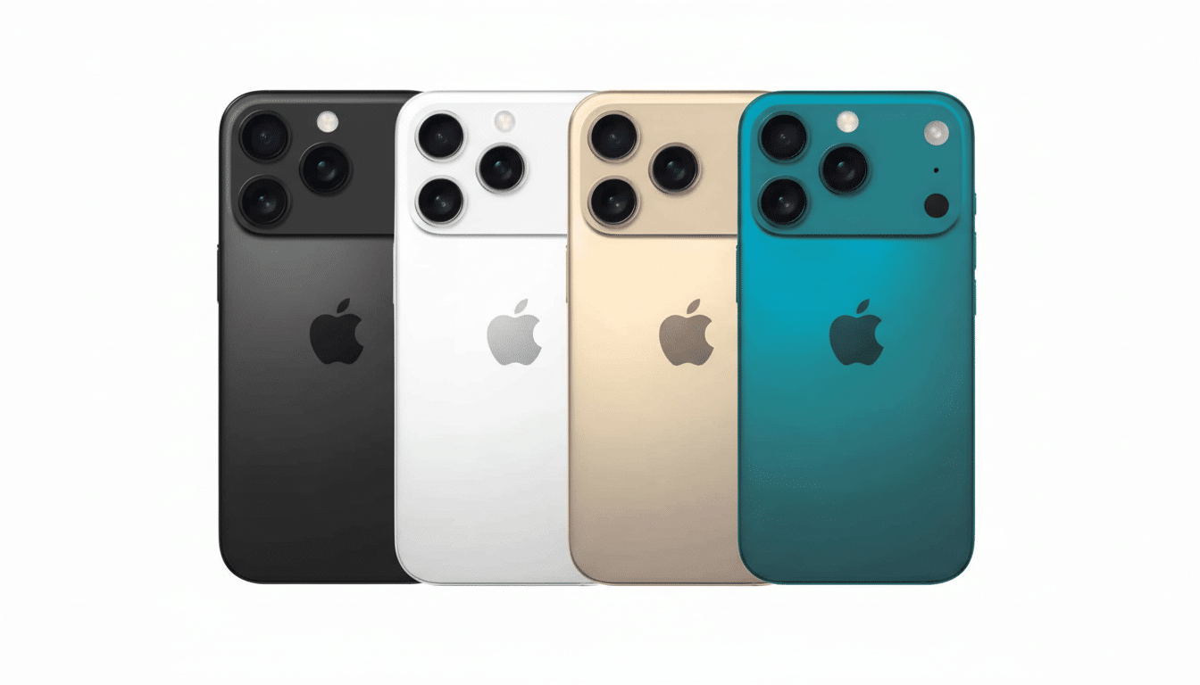 Four iPhones in black, white, gold, and teal, presented professionally on a clean white background.