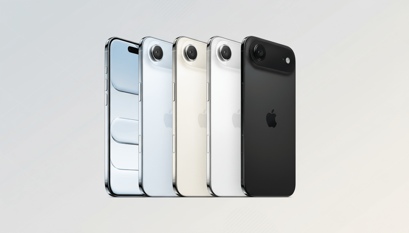alt = Five iPhones in different colors ( blue, light blue, gold, white, and black) are professional