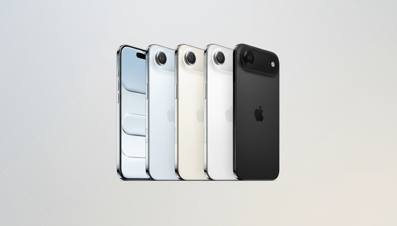 Five iPhones in various colors ( blue, silver, gold, white, and black) are professionally arranged on a light gradient background, presented in a 1 6:9 aspect ratio. Filename : ip honesprofessional arrangement .png