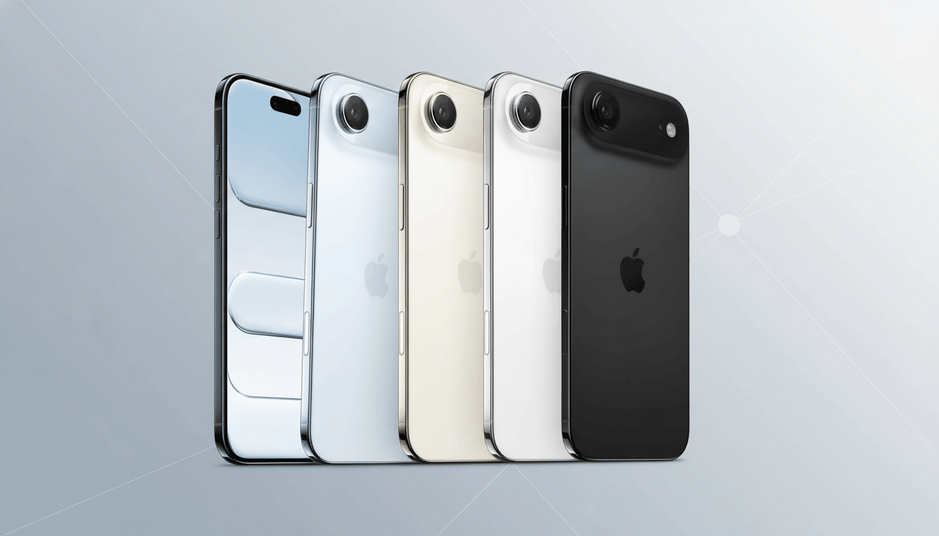 Five iPhones in various colors ( silver, gold, white, and black) are displayed in a row, with a minimalist gray background featuring subtle geometric