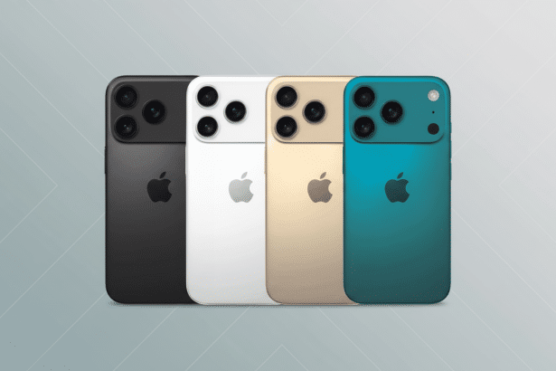 The image shows four iPhones in different colors ( black, white, gold, and teal ) with a professiona