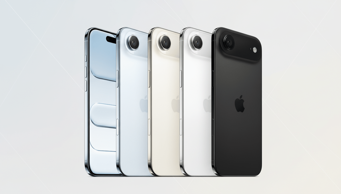 Five iPhones in various colors ( blue, silver, gold, white, and black) presented in a row on a clean, professional flat background with soft patterns.