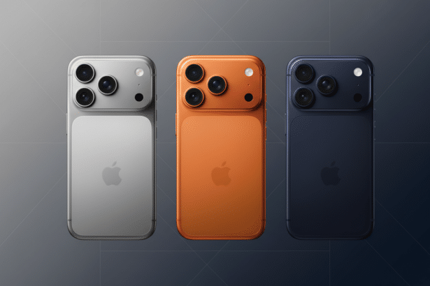 Three iPhones in silver, orange, and dark blue on a professional flat design background with soft patterns and gradients.