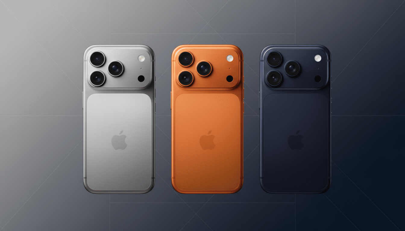 Three iPhones in silver, orange, and dark blue on a professional flat design background with soft patterns and gradients.
