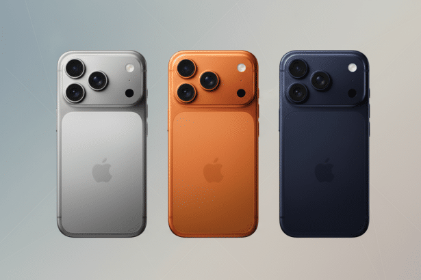 Three iPhones in silver, orange, and blue with a subtle gradient background.