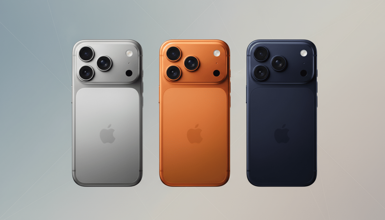Three iPhones in silver, orange, and blue with a subtle gradient background.