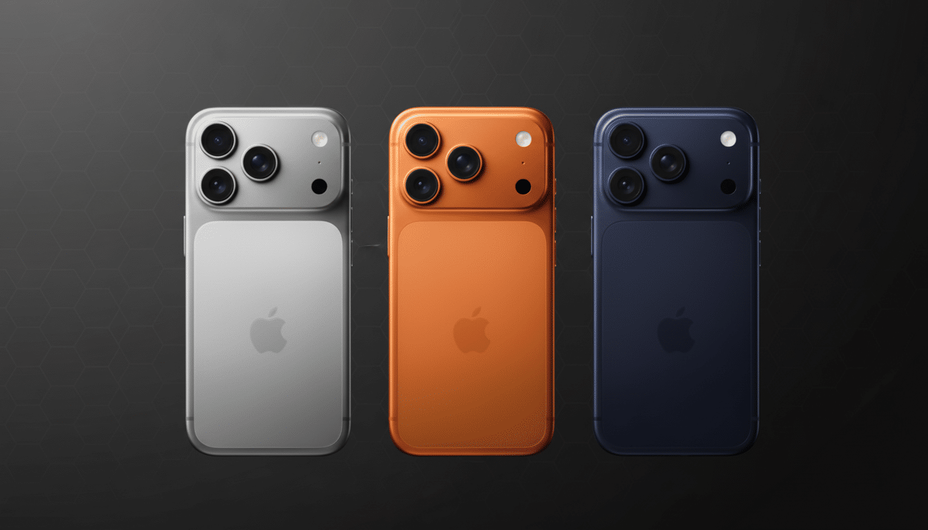 Three iPhones in silver, orange, and blue, displayed on a dark background with a subtle hexagonal pattern.