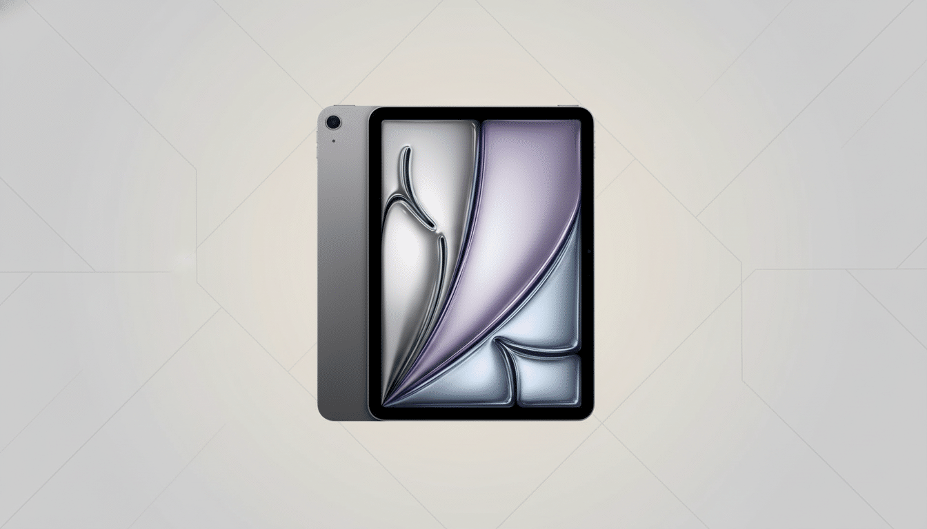 A gray iPad with a screen displaying abstract silver and purple shapes, set against a professional light gray background with subtle geometric pattern
