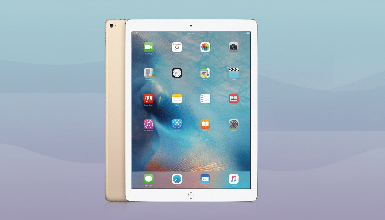 A gold iPad Air 2, displaying iOS 8 with various app icons, set against a soft, professional blue -to -purple gradient background with subtle wave patterns. Filename : ipadair 2professional display .png