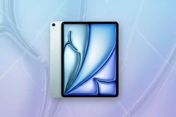 An iPad Air in a light blue finish , with its screen displaying a blue and teal abstract design, presented on a subtle blue and purple gradient background with soft , flowing patterns .