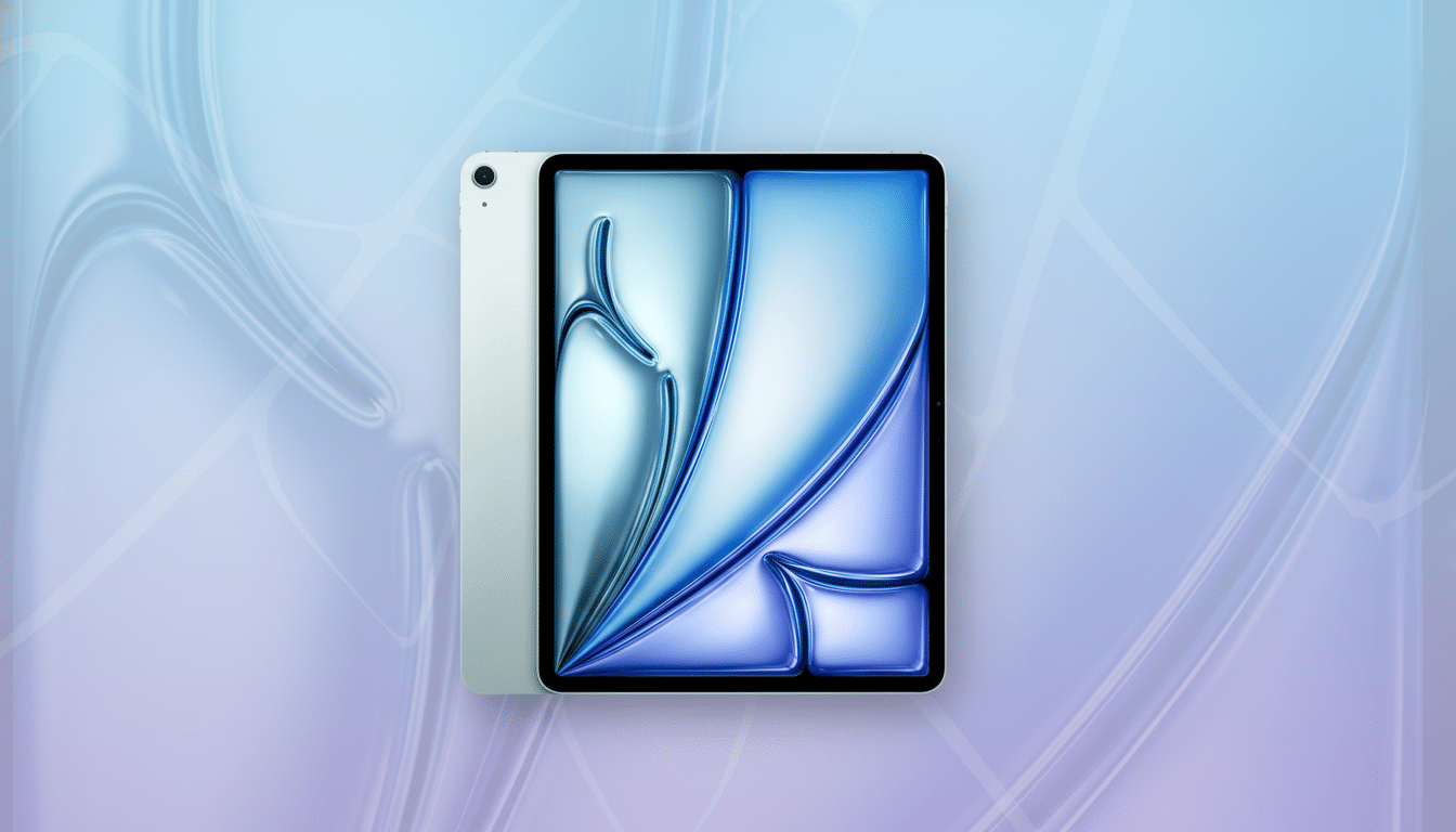 An iPad Air in a light blue finish , with its screen displaying a blue and teal abstract design, presented on a subtle blue and purple gradient background with soft , flowing patterns .