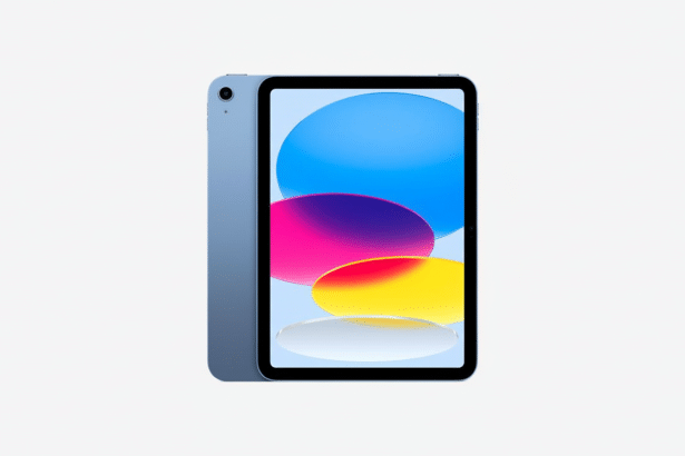 A blue iPad with a colorful screen display on a clean white background, presented in a 16 :9 aspect ratio .